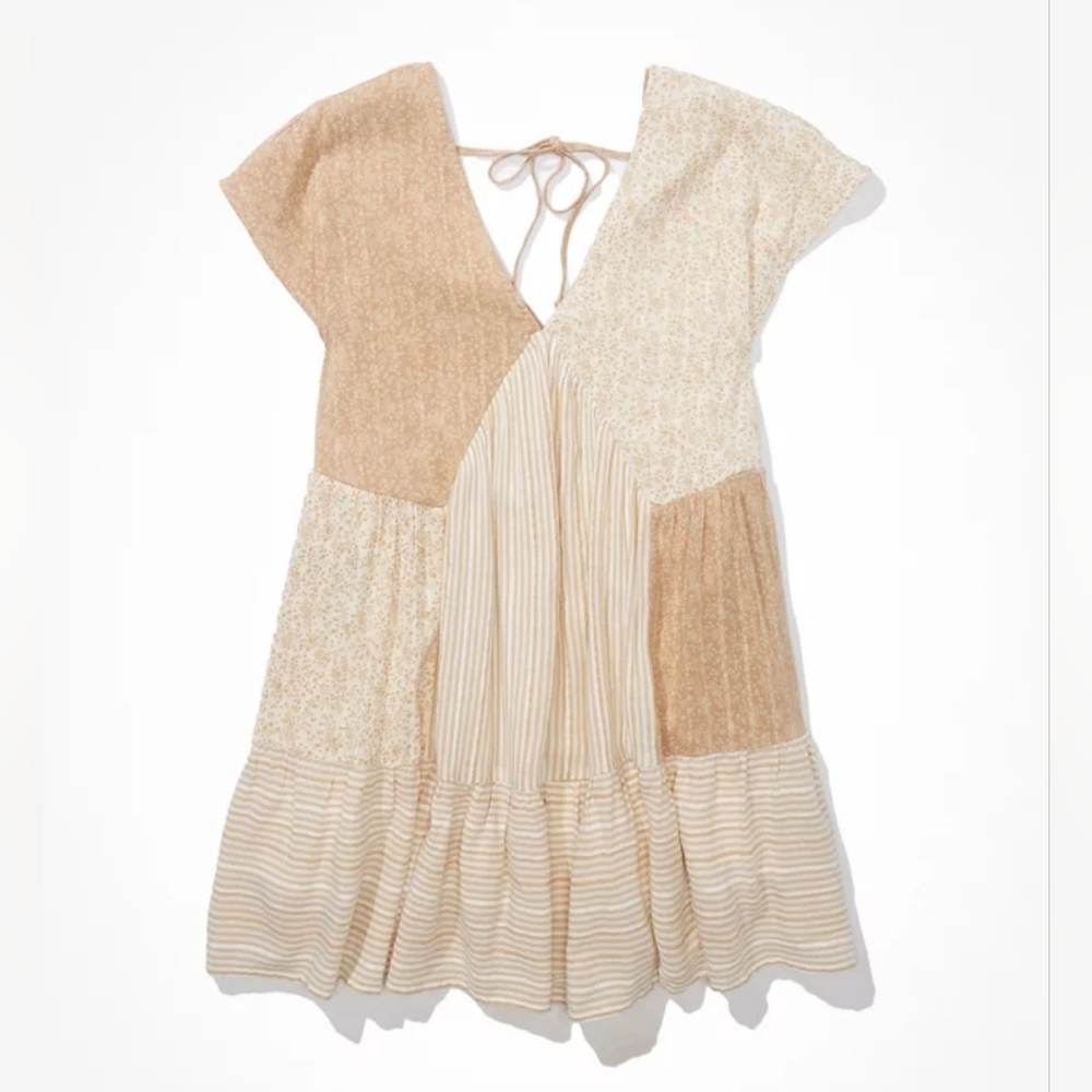 aerie Patchwork Tiered Mini Dress in Beige and Cream